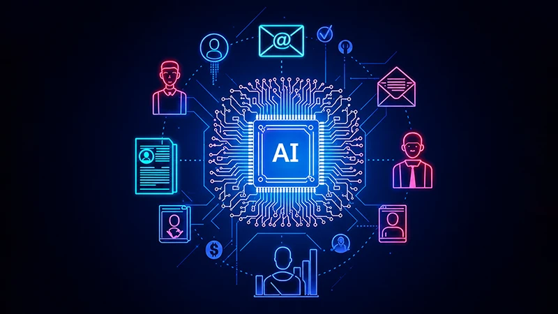 Yapay zeka kişiselleştirme ile müşteri deneyimi, pazarlama ve e-ticaret akışlarını gösteren görsel