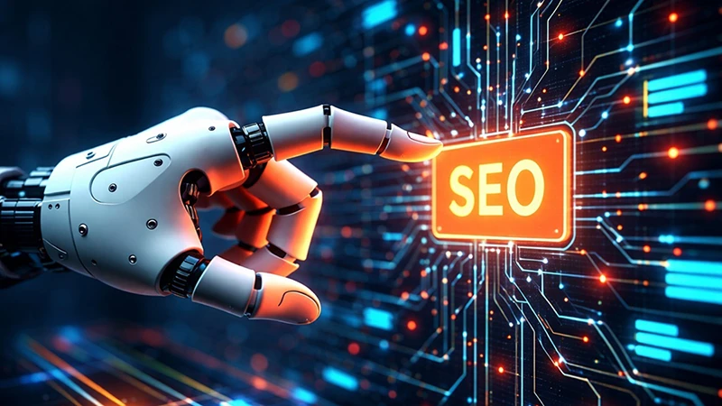 Yapay zeka ile SEO, GEO ve içerik optimizasyonu süreçlerini gösteren soyut dijital arama görselleştirmesi